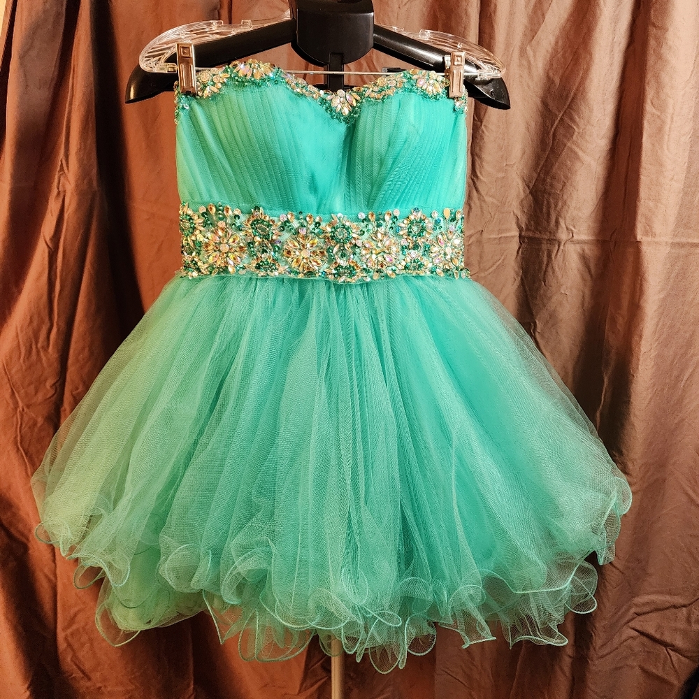 May Queen Couture Formal Dress With Jeweled Floral Embelishment Teal Size 10